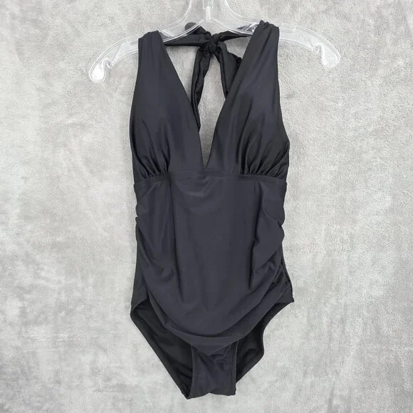 DKNY 1 Piece Swimsuit L Black Halter Ruched Tummy Control Beach Pool Vacay Solid - Picture 11 of 11